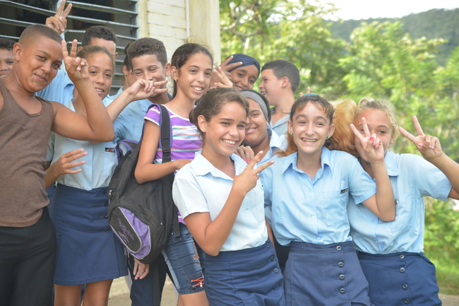 Students and teachers at one of the schools visited by the delegation