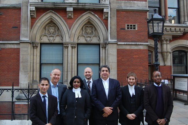 Rob Miller, Cuba Solidarity Campaign Director, Barristers Shivani Jegarajah and Mark McDonald and the legal team outside the Royal Courts of Justice