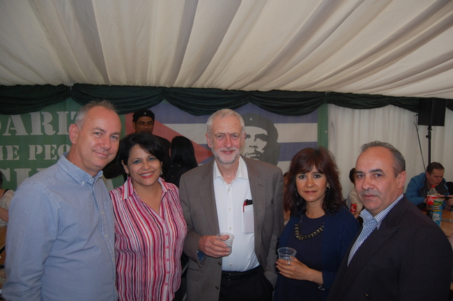 Rob Miller, CSC Director, Teresita Vicente, Cuban Ambassador,  Jeremy Corbyn, Labour Leader, Laura Alvarez and Antonio Rodríguez Valcarcel, Cuban Embassy Minister Counsellor