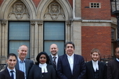 Mohamed Elmaazi, Rob Miller, Cuba Solidarity Campaign Director, Barristers Shivani Jegarajah and Mark McDonald and the legal team outside the Royal Courts of Justice
