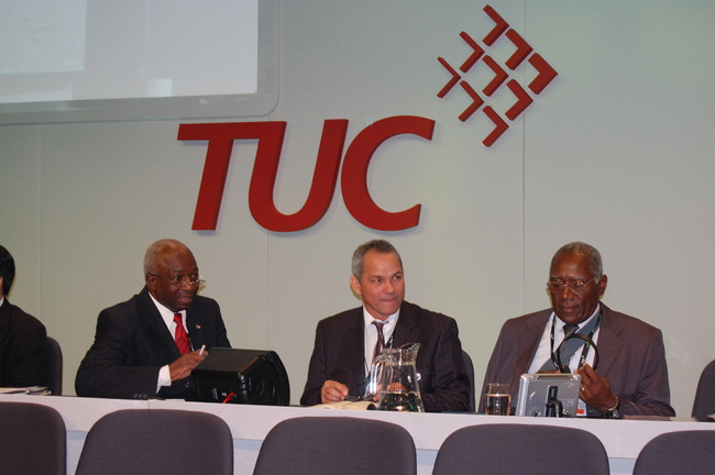 Eddy Brown translating for the CTC's Salvador Mesa and Raymundo Navarro at the TUC Congress in 2009