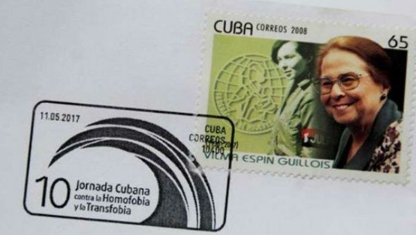 The first stamp, featuring revolutionary feminist Vilma Espin, was launched at the 10th Cuban Assembly Against Homophobia and Transphobia.