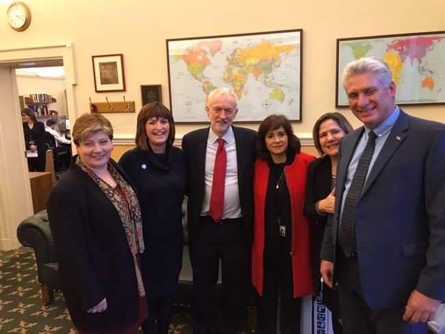 Left to right - Emily Thornberry MP, Karen Lee MP, Jeremy Corbyn MP, Laura Alvarez, Lis Cuesta Peraza & Miguel Diaz-Canel 