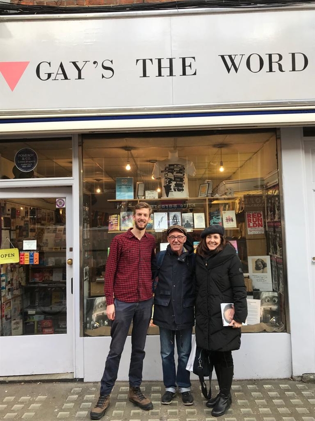 Ollie Hopkins, CSC Campaigns Officer, Mike Jackson, LGSM Secretary and Mariela Castro at the Gay's the Word bookshop