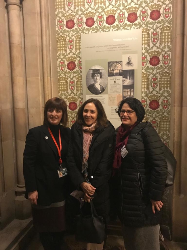 Karen Lee MP, Mariela Castro and Teresita Vicente, Cuban Ambassador, in the Parliamentary Crypt where Suffragette Emily Davison hid