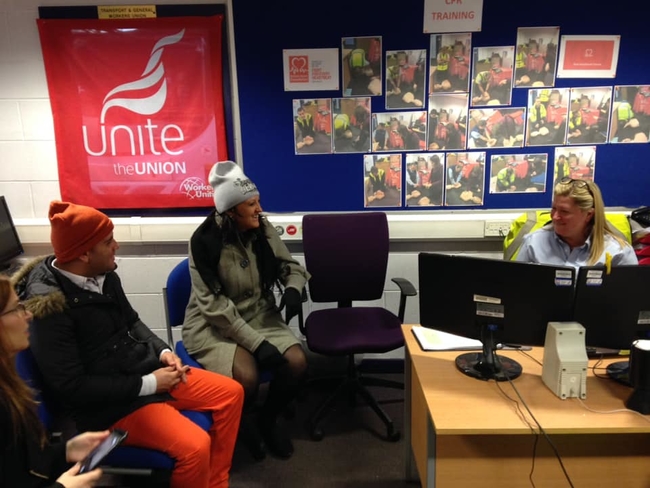 Discussing lifelong learning and trade union education courses with Unite NE 302/36 Leeds Bus Workers