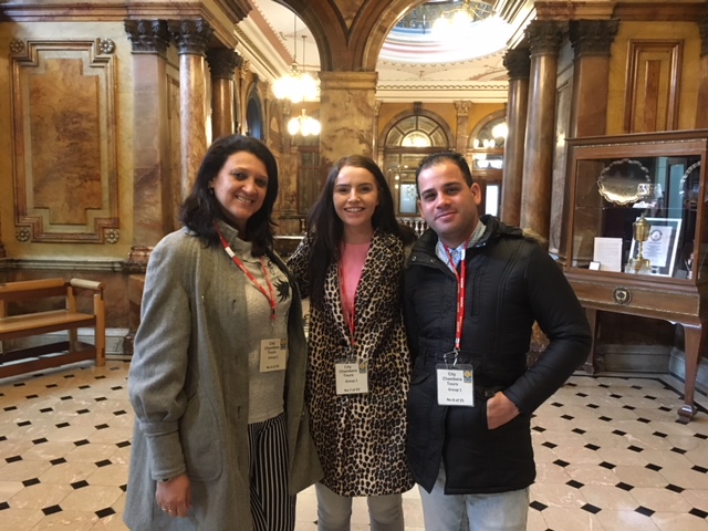 Yelena and Yuniel with Unite Scotland Young Members Committee chair Erin McAuley at Glasgow's City Chambers