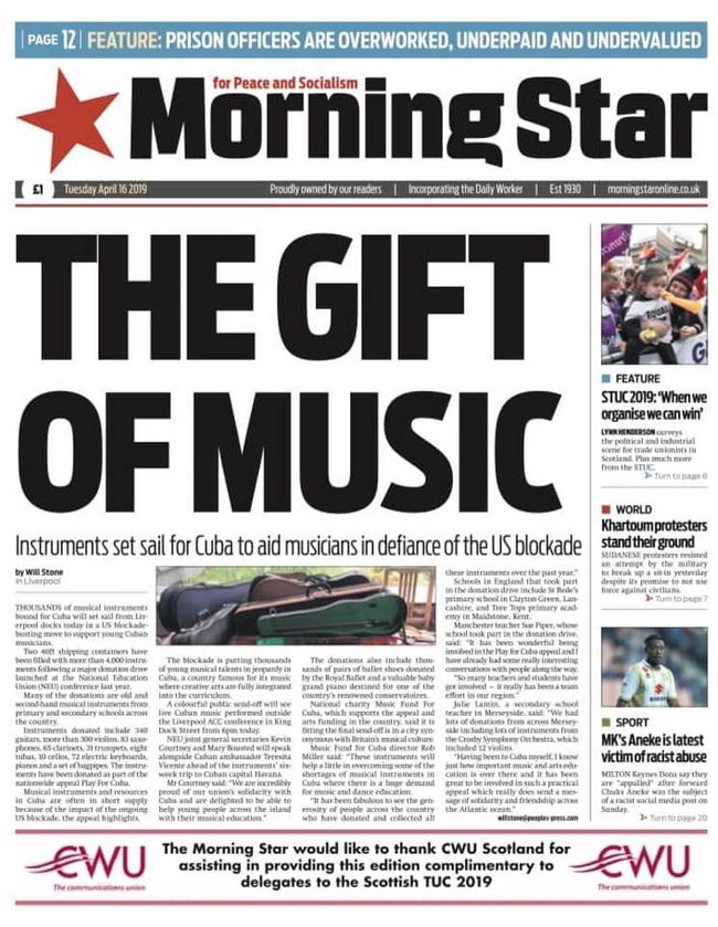 The Morning Star front page on Tuesday 16 April was an article on the Play for Cuba appeal