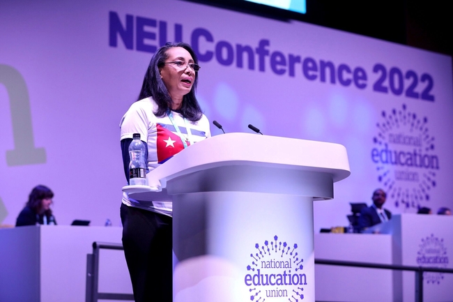 Niurka Gonzalez addressing the NEU conference on 14 April