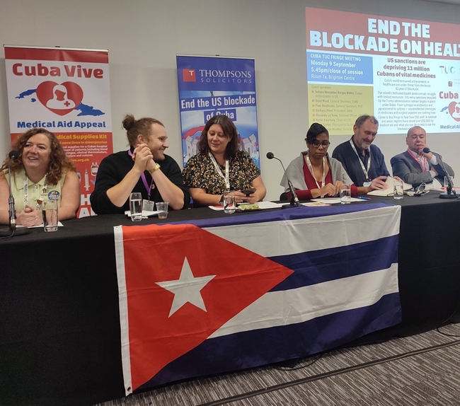 Some of the panellists at the TUC fringe meeting: Fran Heathcote, Alex Tarrier, Sarah Woolley, HE Ismara Vargas Walter, Kevin Courtney and Graham