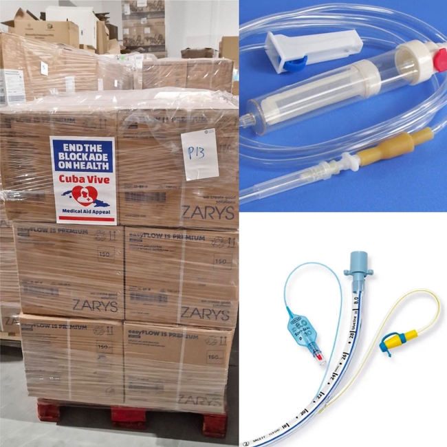 50,000 blood transfusion and infusion sets, 14,000 paediatric catheters, and 19,450 endotracheal intubation tubes ready to be shipped to Cuba from Spain