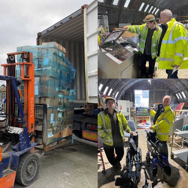 Aid being loaded onto the container, plus donated wheelchairs and sterilising unit heel chairs and a sterilising unit 