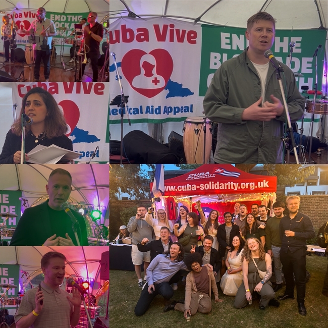 Clockwise from top left: Omar Puente and Raíces Cubanas, Eddie Dempsey, 2025 May Day  brigade members with the Cuban ambassador, raffle winner Rhys Harmer,   Chris Hazzard MP, Maryam Eslamdoust