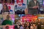 Clockwise from top left: Omar Puente and Raíces Cubanas, Eddie Dempsey, 2025 May Day  brigade members with the Cuban ambassador, raffle winner Rhys Harmer,   Chris Hazzard MP, Maryam Eslamdoust