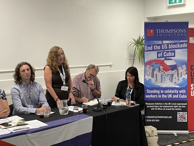 PCS General Secretary Fran Heathcote addressing the meeting, alongside Stuart Latham (Thompsons), Kevin Courtney (CSC) and Mariela Kohon (TUC)