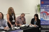 PCS General Secretary Fran Heathcote addressing the meeting, alongside Stuart Latham (Thompsons), Kevin Courtney (CSC) and Mariela Kohon (TUC)