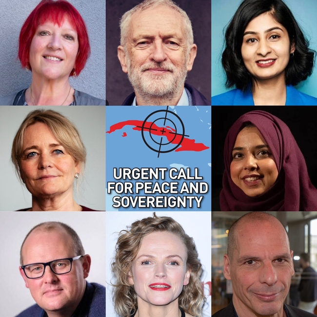 Signers include (clockwise from top left) Andrea Egan, UNISON General Secretary; Jeremy Corbyn MP; Zarah Sultana MP; Apsana Begum MP; Yanis Varoufakis; Maxine Peake; Paul Nowak, TUC General Secretary 