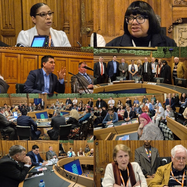 Clockwise from top left: Ambassador Ismara Vargas Walter; Diane Abbott MP; the panel with MPs; audience members; Dr Emily Morris and Bernard Regan; MPs Ian Byrne, Richard Burgon, Steve Witherden; the 